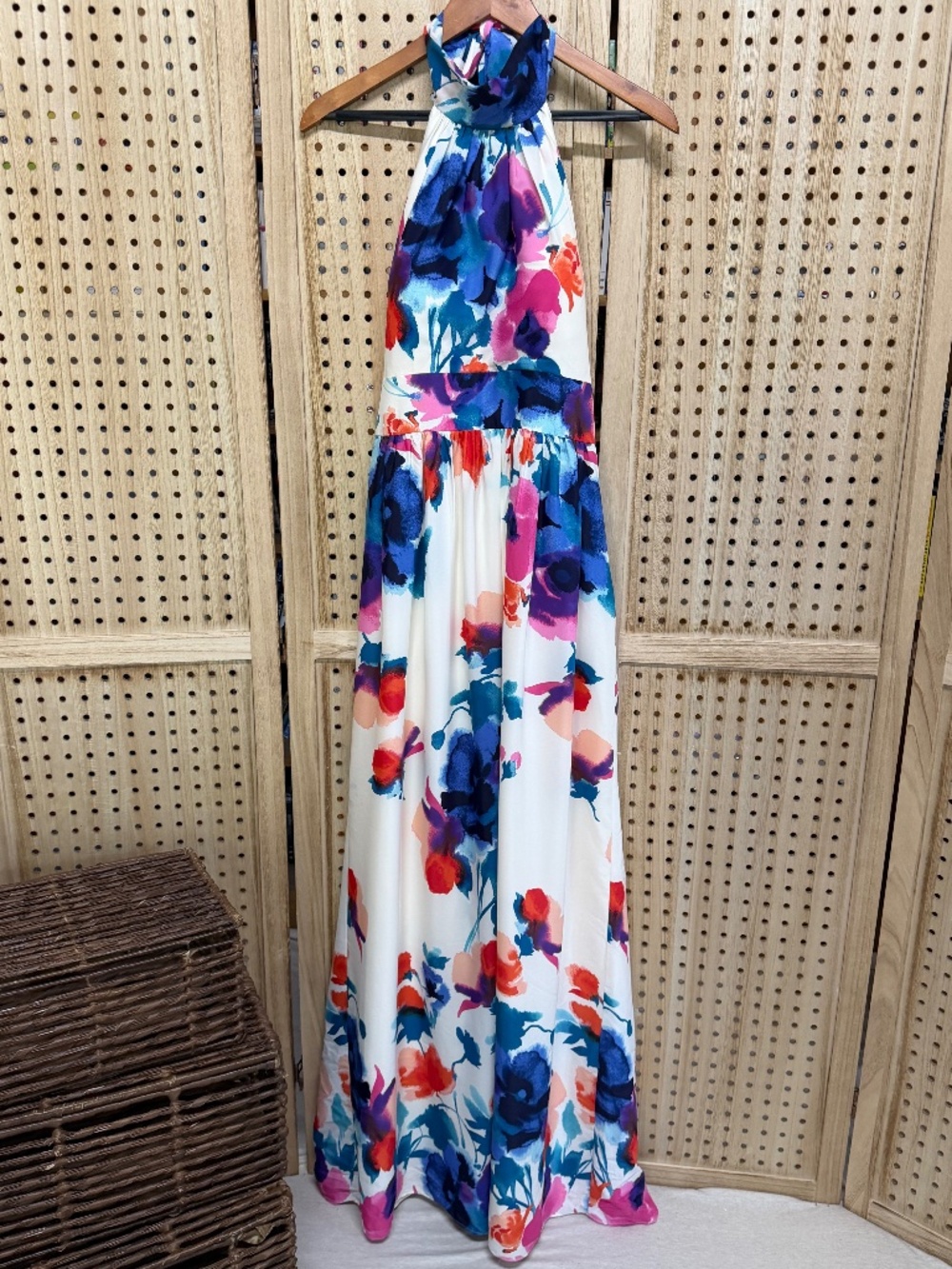 Eliza J Watercolor Floral Halter Maxi Dress Open Back Bow Gown Size 8